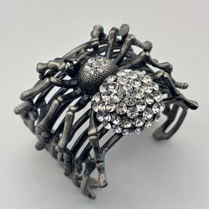 Spider Cuff Bracelet Silver Tone Rhinestone Goth Halloween Statement Punk Large
